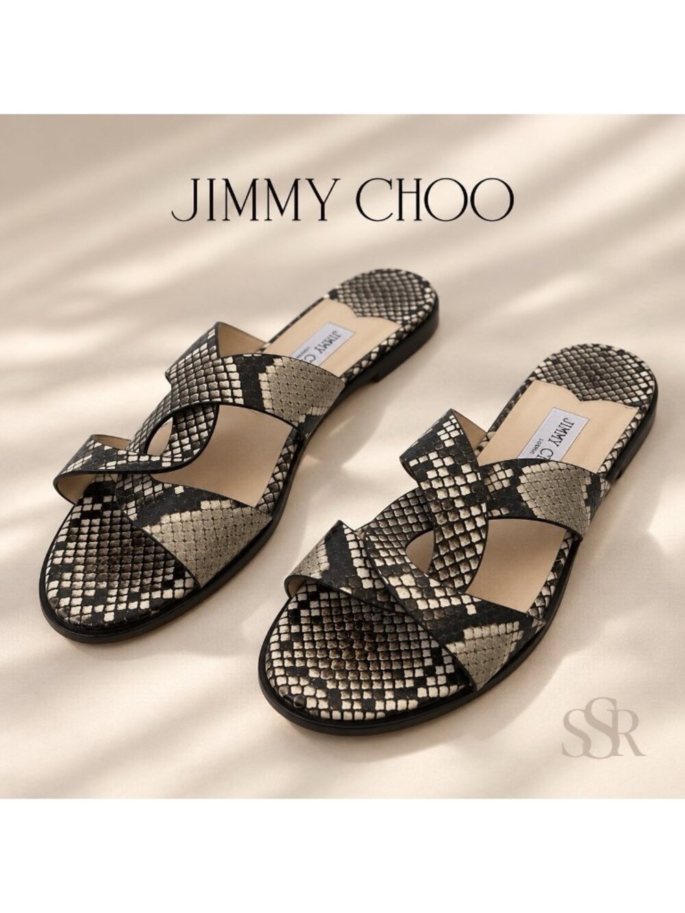 Jimmy Choo Aria Sandals 37.5 Snakeskin Print Leather Flat Slides Made in Italy